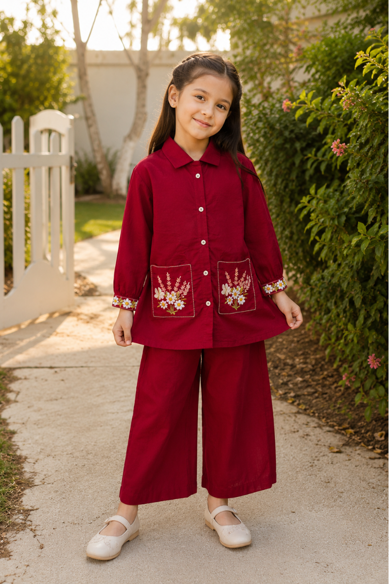 Daisy Meadow Embroidered Co-Ord Set Maroon