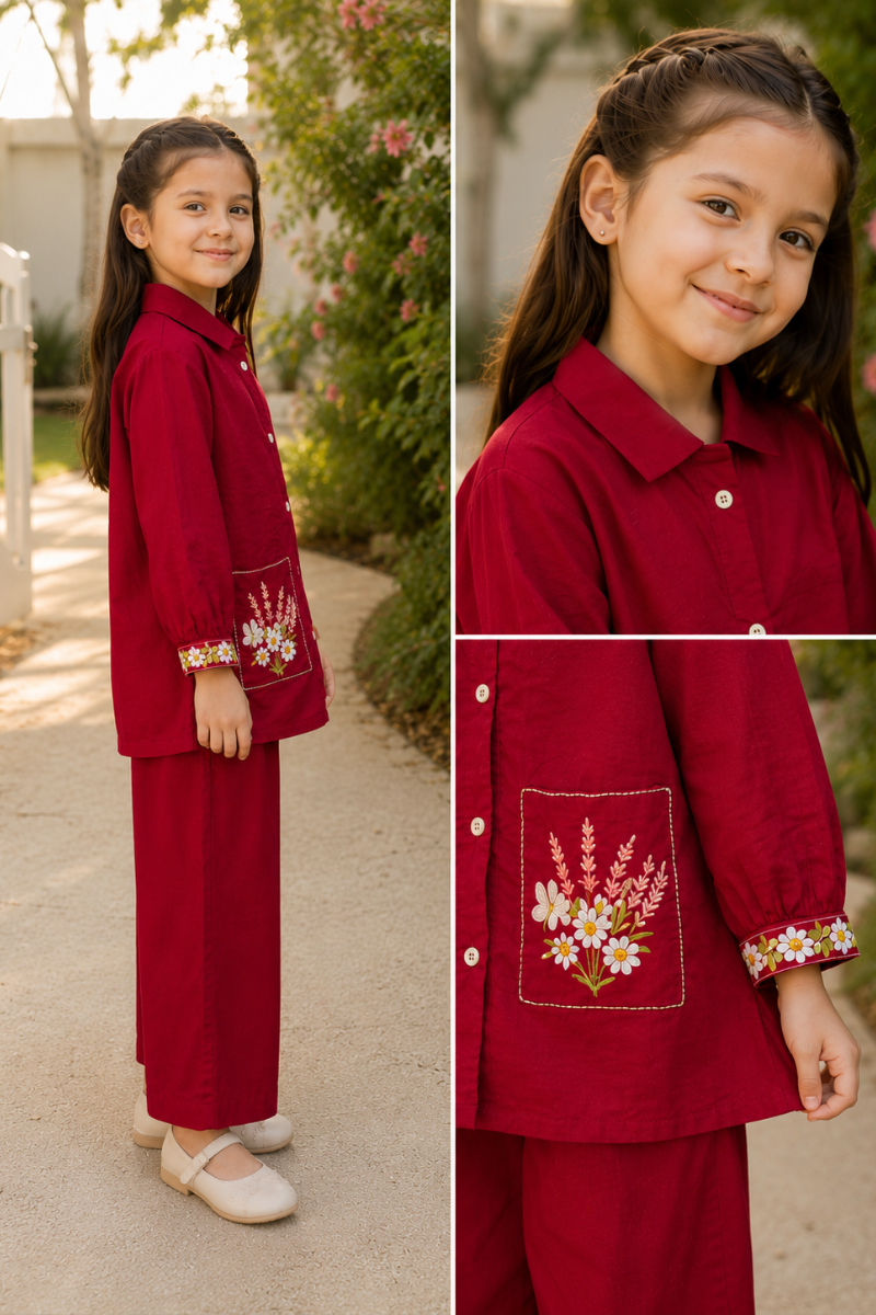 Daisy Meadow Embroidered Co-Ord Set Maroon