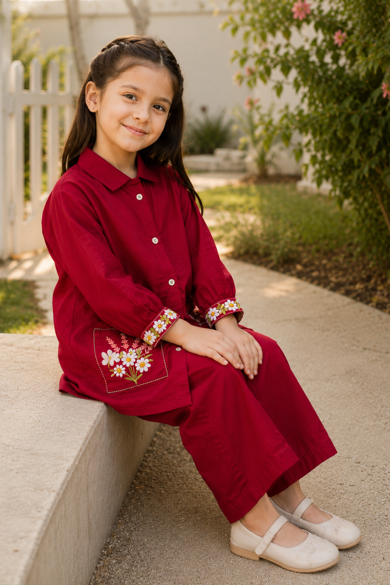 Daisy Meadow Embroidered Co-Ord Set Maroon